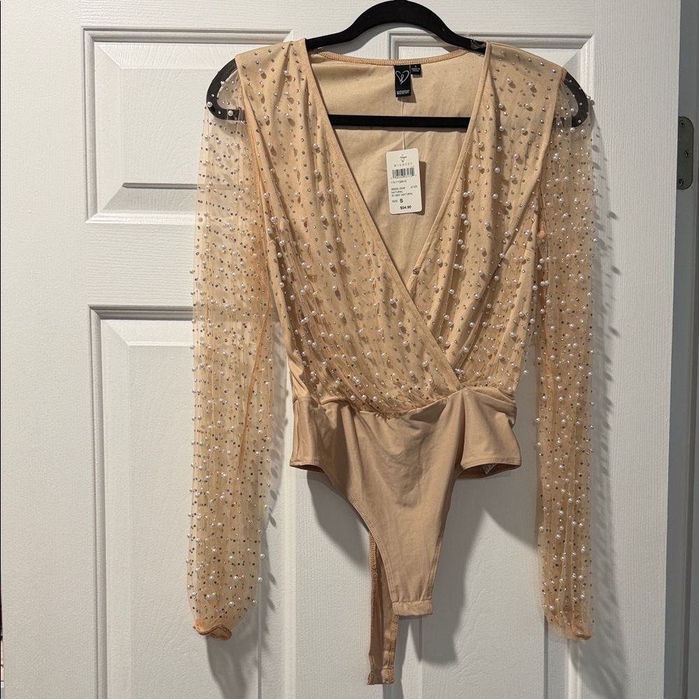 Windsor Nude Bodysuit with Embellished Sheer Sleeves